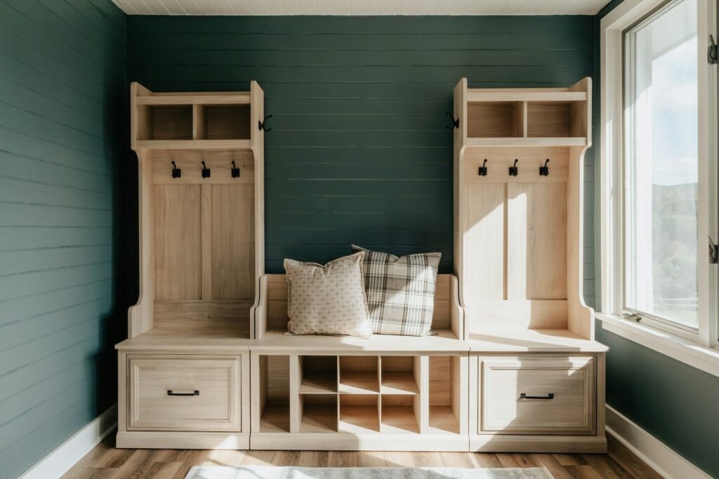 Mueble de entrada con banco, perchas y cajones ante una pared verde petróleo