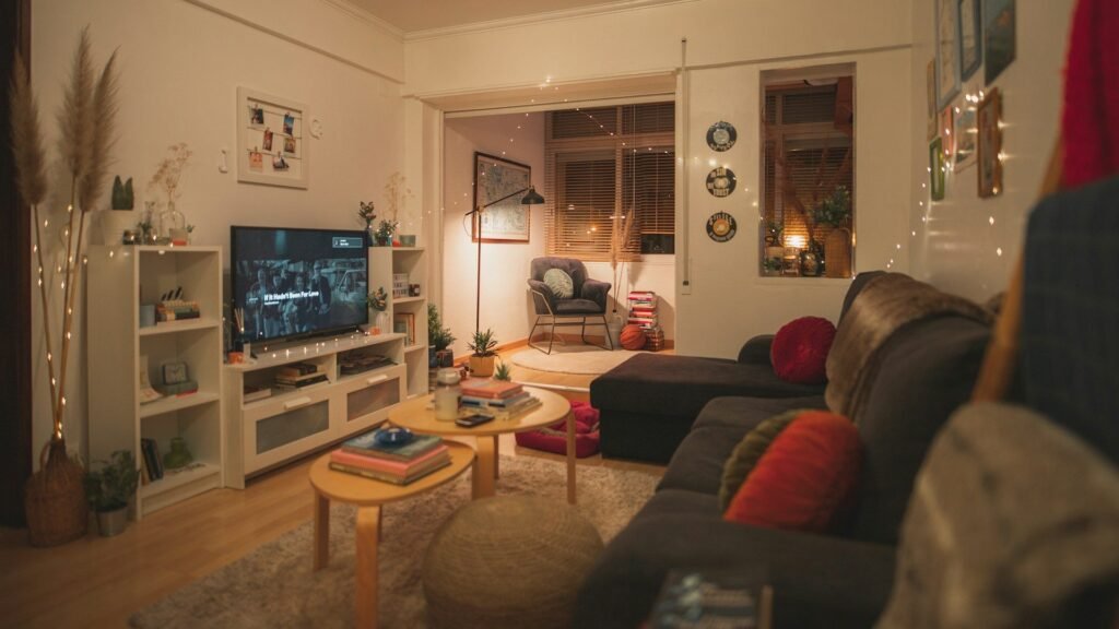 Salón acogedor de noche con televisor encendido y luces cálidas
