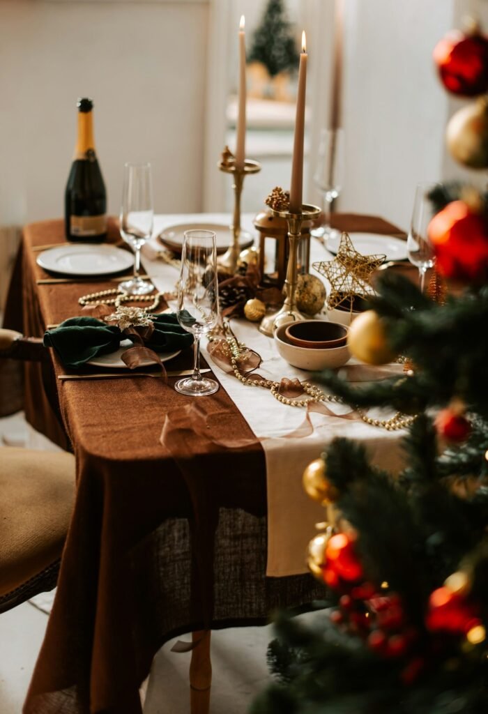 Mesa con mantel marrón, velas, champán y adornos dorados junto a un árbol de Navidad
